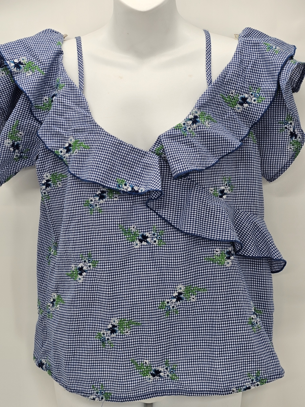 Blue Gingham Ruffle Top M - Picture 7 of 9